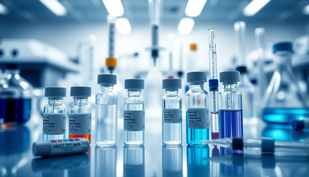 Buy research peptides online with premium quality vials displayed in a professional lab setting.