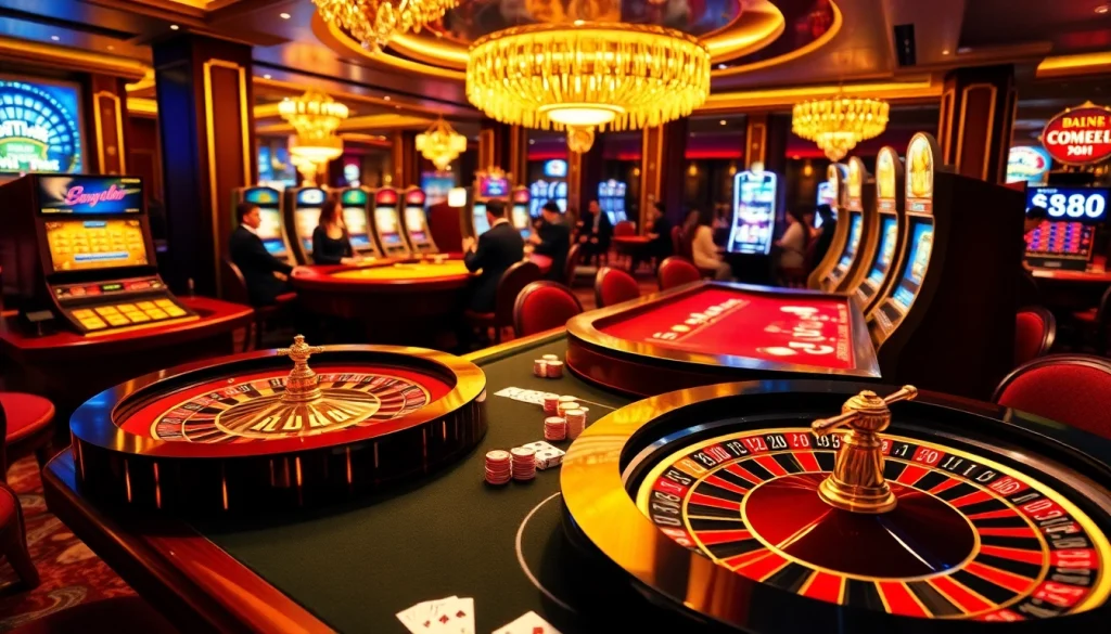 Engaging casino atmosphere with JUN88 gaming tables and vibrant slot machines.