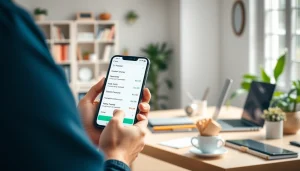 Showcasing payment links for content creators on a smartphone in a bright home office setting.