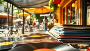 Explore vibrant vinyl records with colorful album art in an inviting café setting.