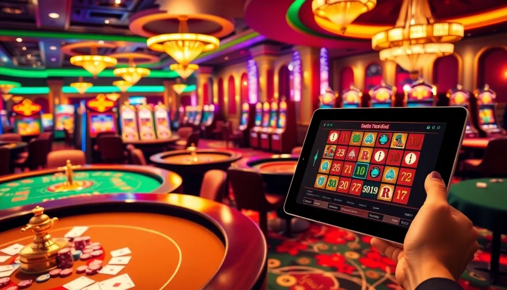 A lively casino scene showcasing vibrant gaming tables and slot machines at 789p, capturing excitement and luxury.