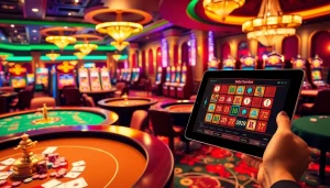 A lively casino scene showcasing vibrant gaming tables and slot machines at 789p, capturing excitement and luxury.
