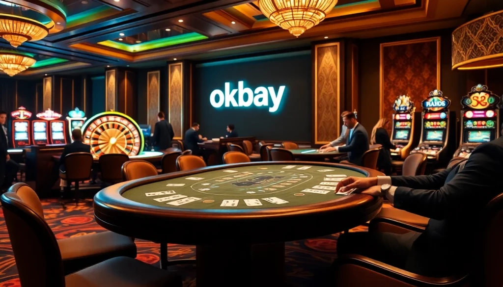 Experience the thrill of gambling at luxurious tables featuring okbay branding elements in a vibrant casino setting.