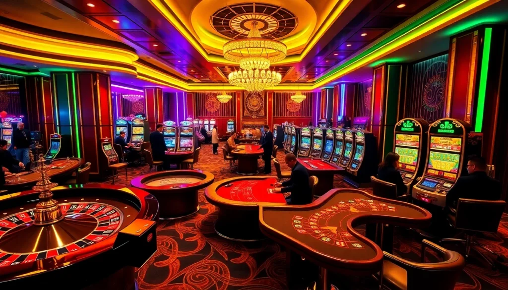 UU88 players engaging with vibrant slot machines and poker tables in a luxurious casino setting.