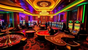 UU88 players engaging with vibrant slot machines and poker tables in a luxurious casino setting.