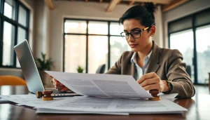 traductor jurado diligently translating official documents in a professional office setting, showcasing accuracy and credibility