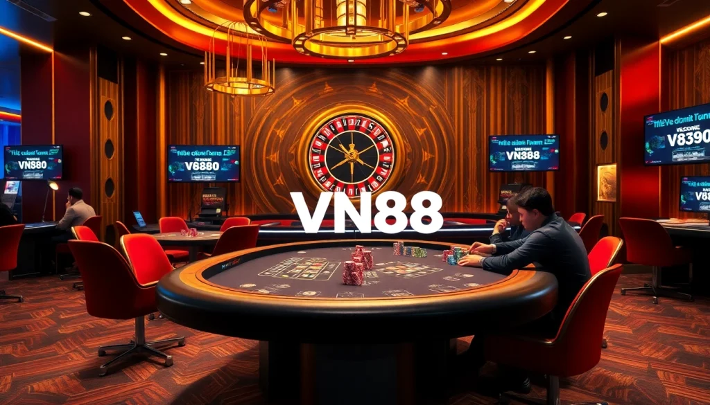 Engage with thrilling VN88 casino action showcasing poker and roulette excitement.