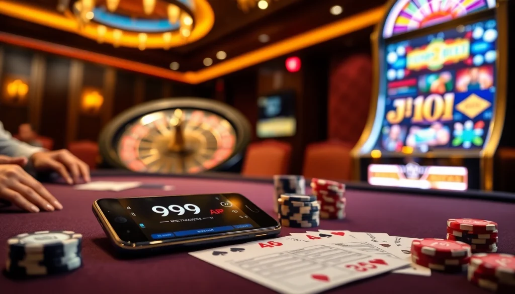 The 9Dbet App displayed on a poker table amidst luxury casino elements, highlighting exciting gameplay.