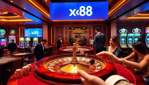 Gamblers enjoying an exhilarating betting experience at xx88 casino with vibrant gaming elements.
