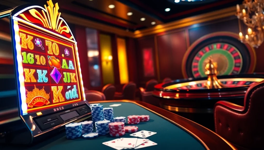Experience Game lc88 excitement with vibrant casino tables and glowing slot machines.