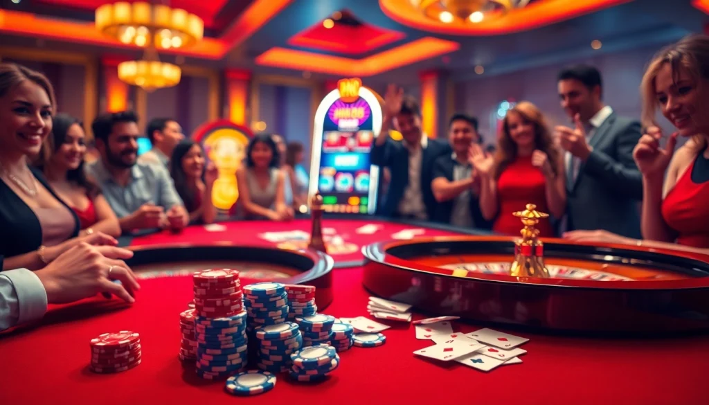 HM88 players enjoying a thrilling casino experience with poker chips and cards on a gaming table.