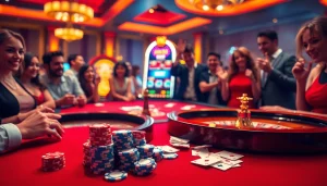HM88 players enjoying a thrilling casino experience with poker chips and cards on a gaming table.