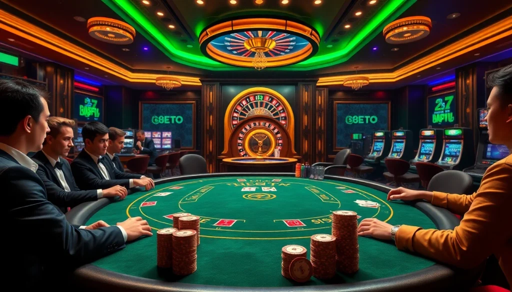Exciting gaming at nhà cái 888TO with a luxurious poker table, vibrant casino atmosphere, and professional players.