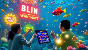Exciting scene of players engaging in bắn cá đổi thưởng game with vibrant marine life and gaming graphics.