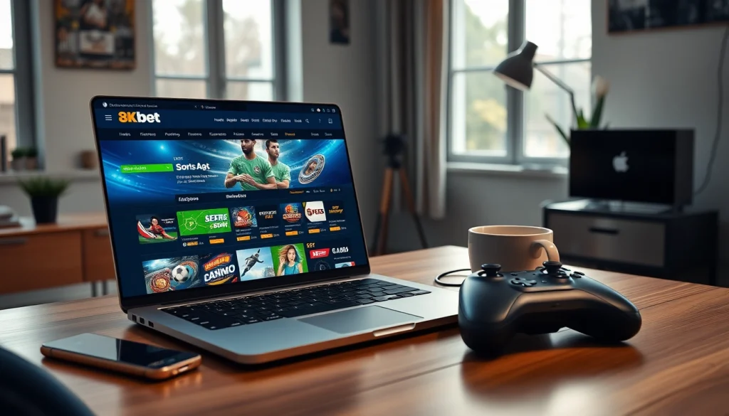 Engaging online betting interface on 8Kbet with a laptop showcasing vibrant gaming graphics.