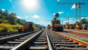 Workers in a Railroad Track Construction Compary laying steel tracks outdoors under bright skies.