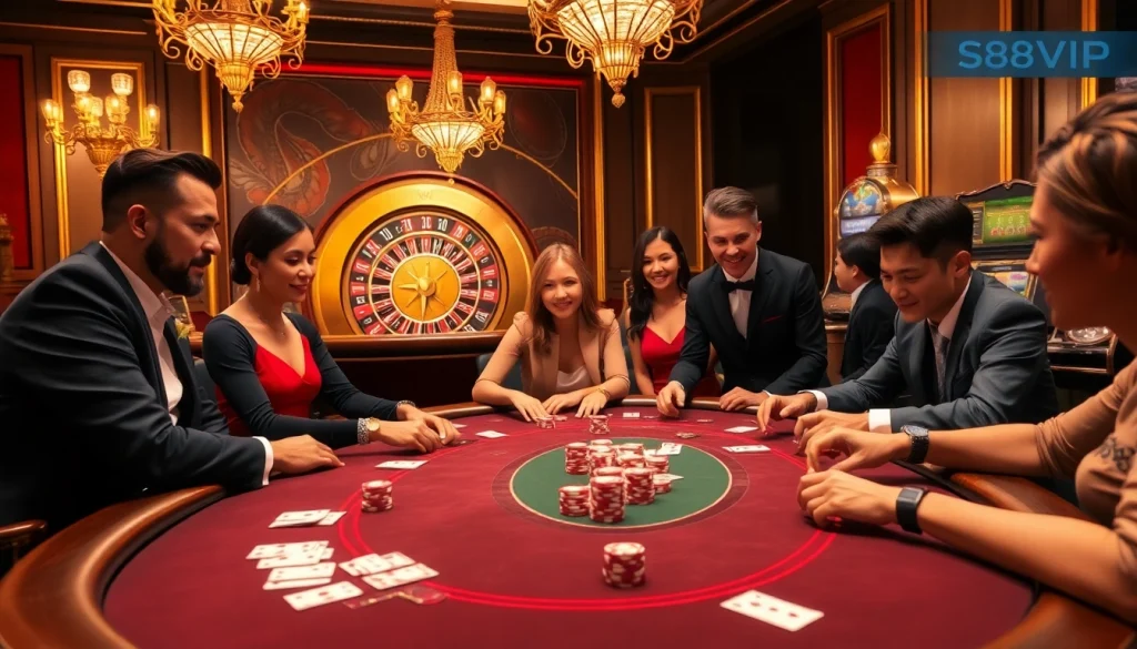 S88VIP players engaging in an upscale casino atmosphere at a luxurious poker table with vibrant elements.