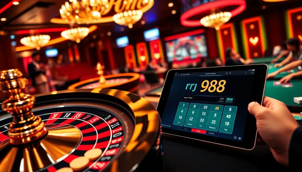 Exciting rr88 online casino scene showcasing roulette, poker, and vibrant gaming atmosphere.
