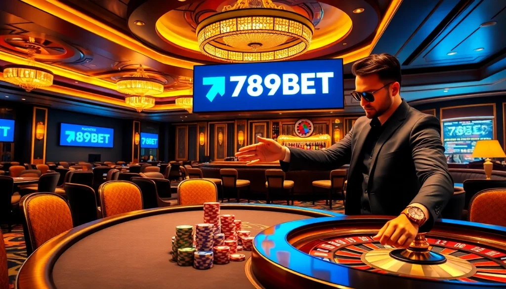 Experience excitement at 789BET with a luxurious casino scene featuring poker chips and games.