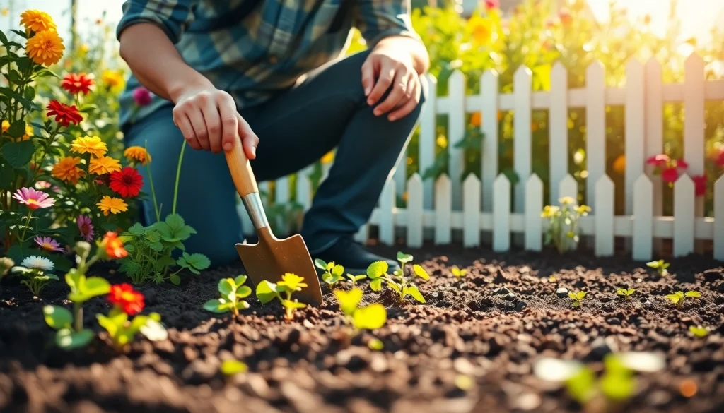 Gardening expert nurturing plants in a colorful vegetable garden filled with vibrant blooms.