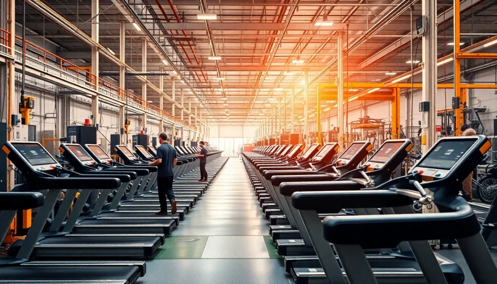High-tech manufacturing scene featuring Ciapo Treadmill's customized fitness equipment under production.