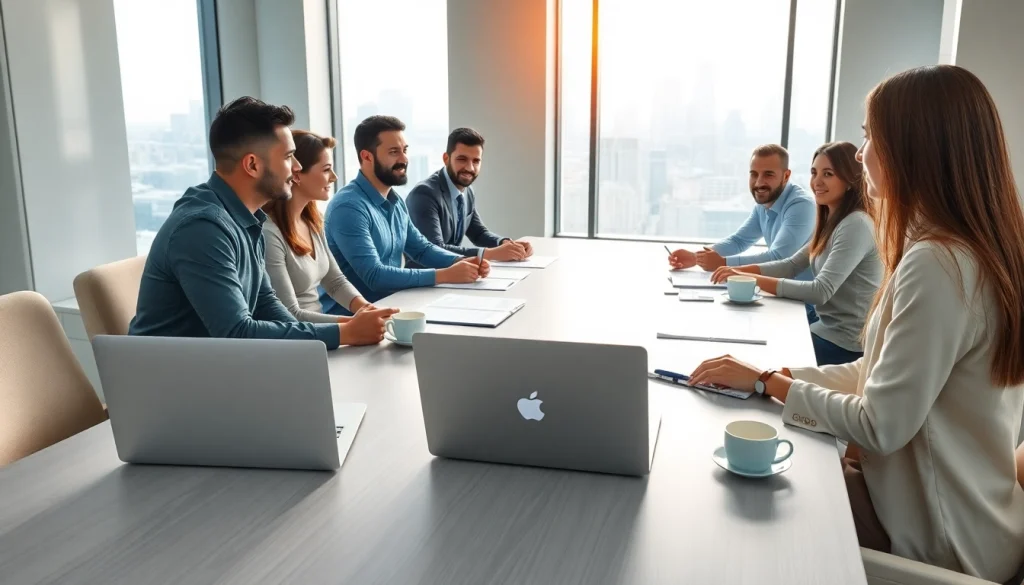 Engaged individuals in a business meeting discussing strategies in a modern office.