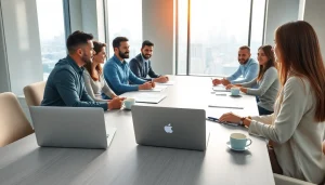 Engaged individuals in a business meeting discussing strategies in a modern office.