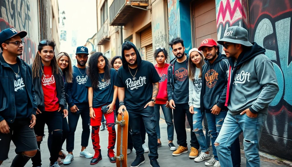 Stylish youth in colorful RageOff apparel showcase urban fashion vibes.