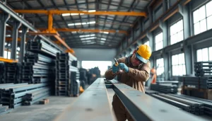 Craftsman engaging in structural steel fabrication with precision in a professional workshop setting.