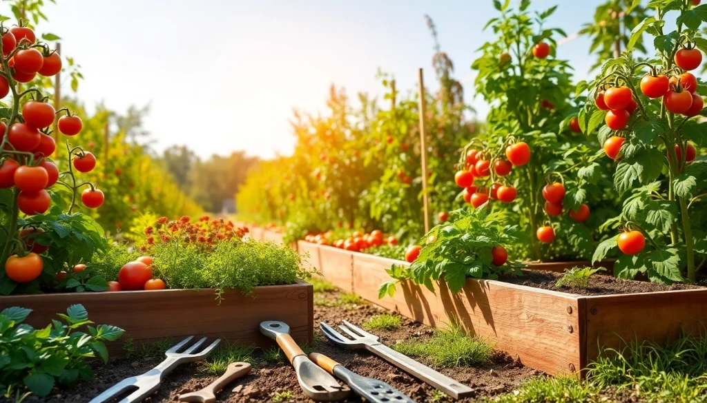 Gardening vibrant vegetable garden showcasing colorful plants and tools in bright sunlight.