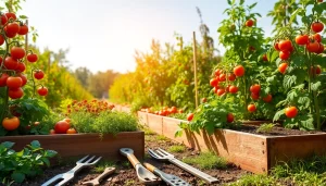 Gardening vibrant vegetable garden showcasing colorful plants and tools in bright sunlight.
