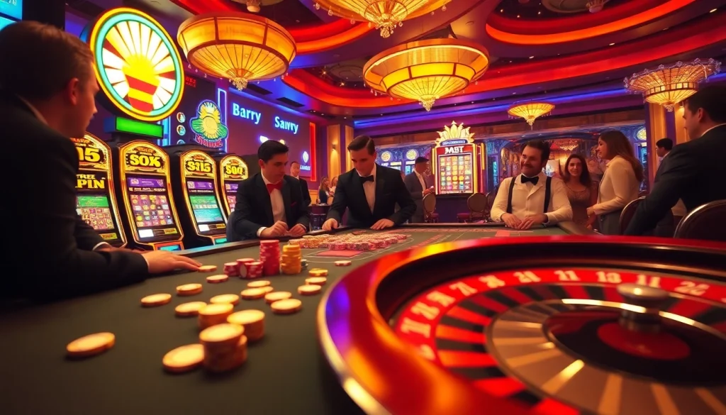 Players enjoying a thrilling game scene at a casino table featured on https://juliealexanderart.com/section/ with vibrant lighting and professional dealers.