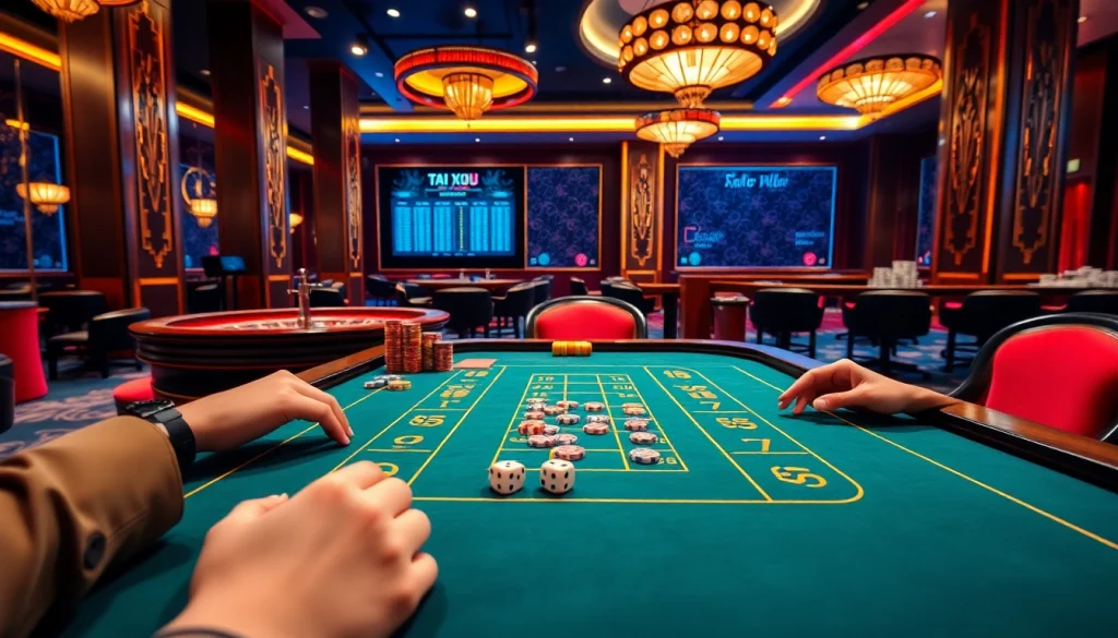 Engaging players enjoy tài xỉu md5 on a vibrant casino table filled with chips and dice.