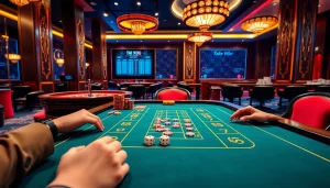 Engaging players enjoy tài xỉu md5 on a vibrant casino table filled with chips and dice.