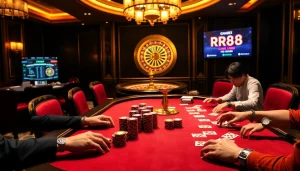Engage in high-stakes poker at RR88's luxurious casino scene featuring focused players, colorful chips, and a roulette wheel.