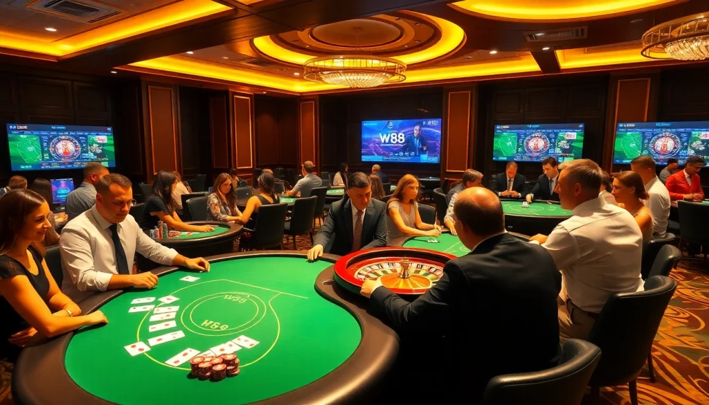 Trò chơi poker đầy kịch tính tại casino W88 với những người chơi sang trọng và những quân chip rực rỡ.
