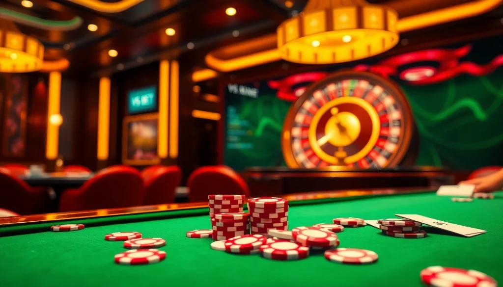 Experience high-stakes gaming at VSBET with luxurious casino tables and vibrant poker chips.