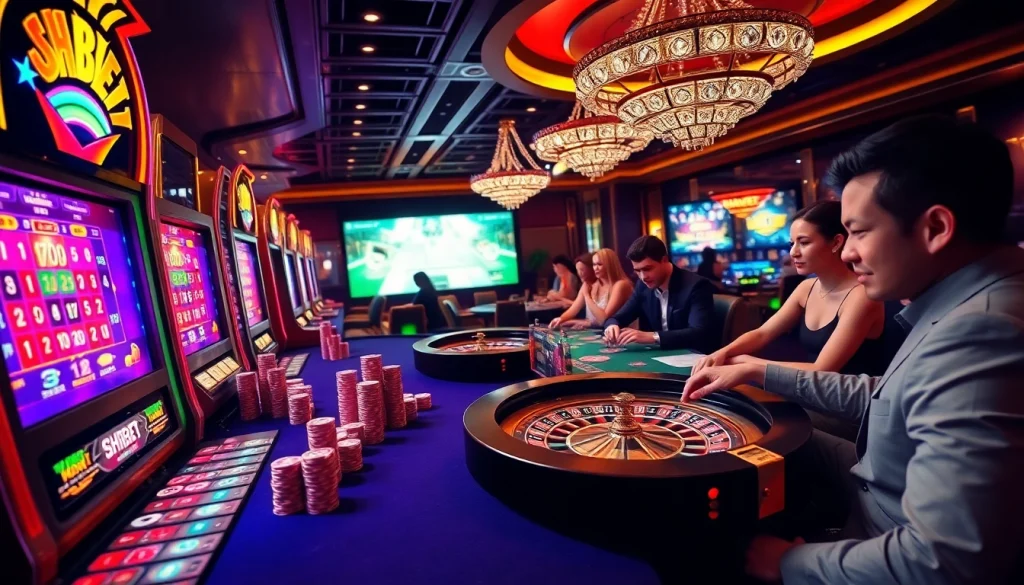 Immersive casino scene featuring players enjoying SHBET games with poker chips and roulette tables.