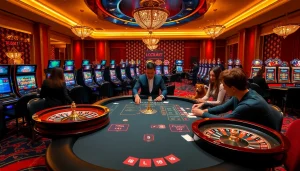 Experience excitement at the luxurious casino setting of https://lc88.art/, featuring vibrant slot machines and poker tables.