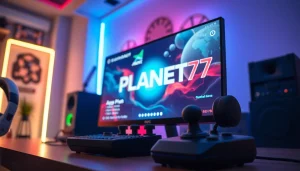 Rasakan keseruan bermain PLANET77 game dengan setup gaming modern dan atmosfer energik.