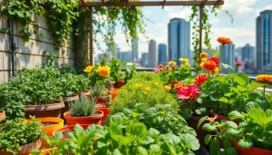 Engaging Gardening rooftop scene with vibrant plants and skyline backdrop.
