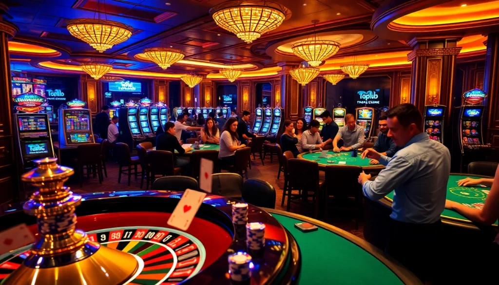 Players enjoying a captivating casino atmosphere at https://topclub.site/, engaging with poker tables and slot machines.