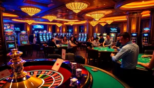 Players enjoying a captivating casino atmosphere at https://topclub.site/, engaging with poker tables and slot machines.