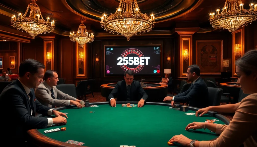 Engaging poker table scene showcasing 255BET logo with luxury ambiance and thrilling betting action.