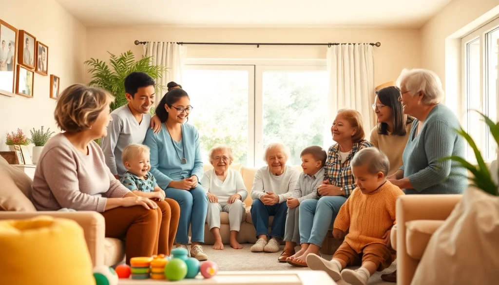 A peaceful scene depicting https://perhekoti.fi family care, featuring caregivers and children in a nurturing environment.