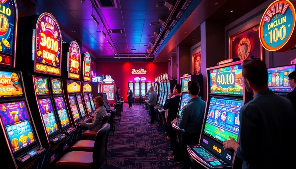 Menampilkan permainan slot QQSLOT777 yang menarik dengan pemain terlibat dan suasana kasino yang hidup.