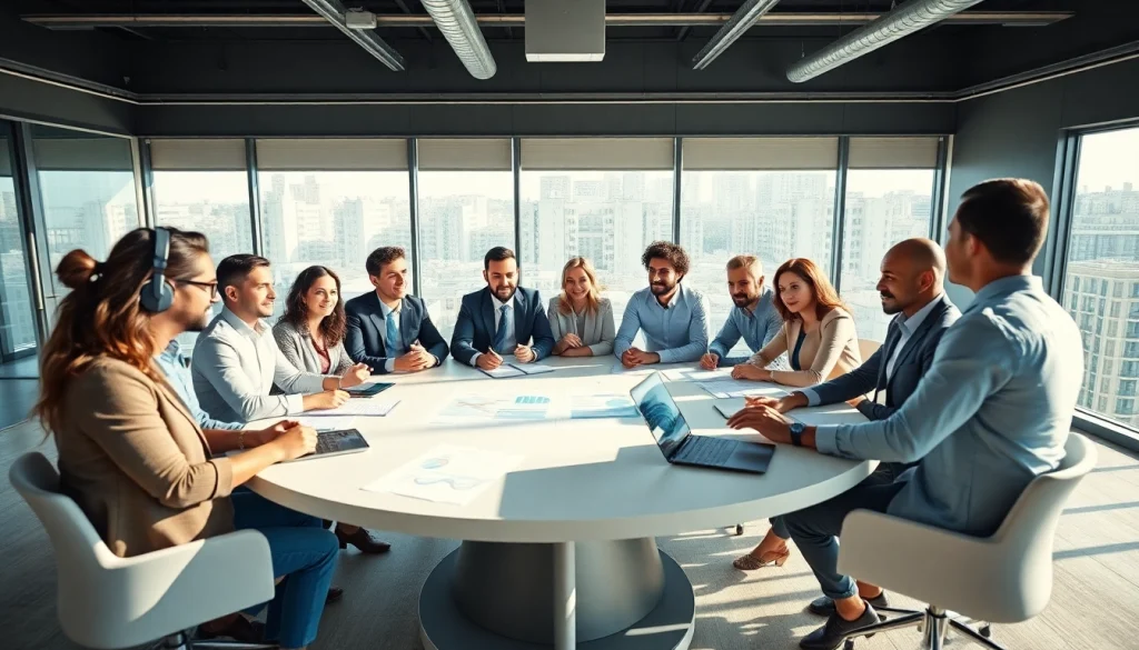 Engaged business team strategizing in a bright office, showcasing dynamic collaboration.