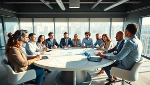 Engaged business team strategizing in a bright office, showcasing dynamic collaboration.