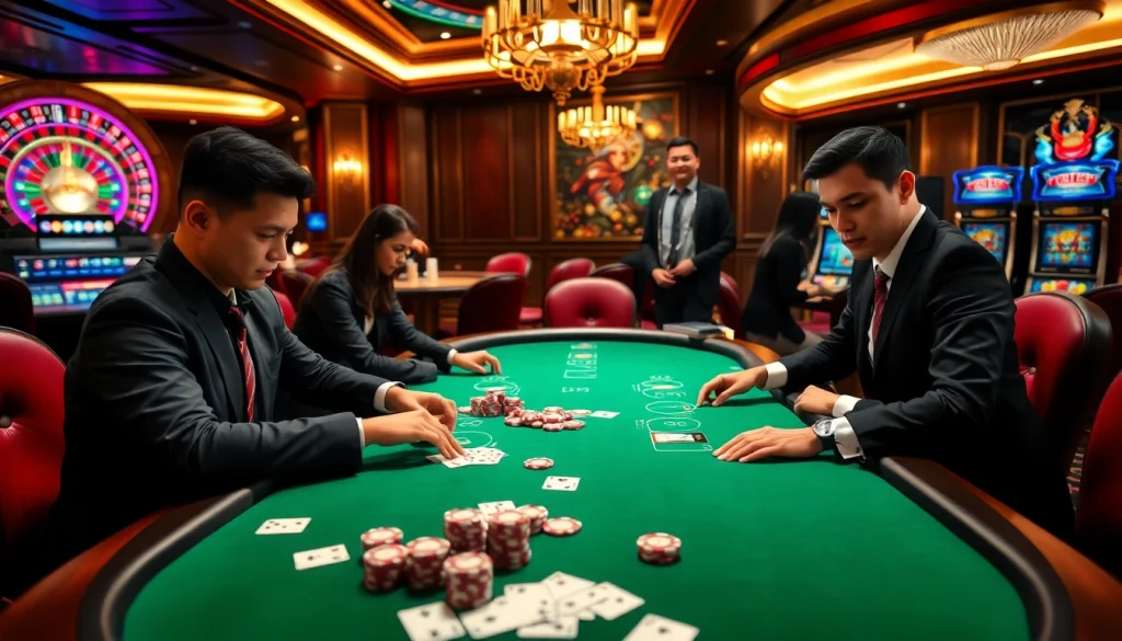 A thrilling GG88 gaming scene with players at a poker table amidst luxurious casino decor.