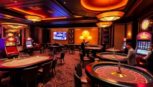 Enjoy an exciting gaming night at the mm888 casino table featuring poker chips and vibrant slot machines.